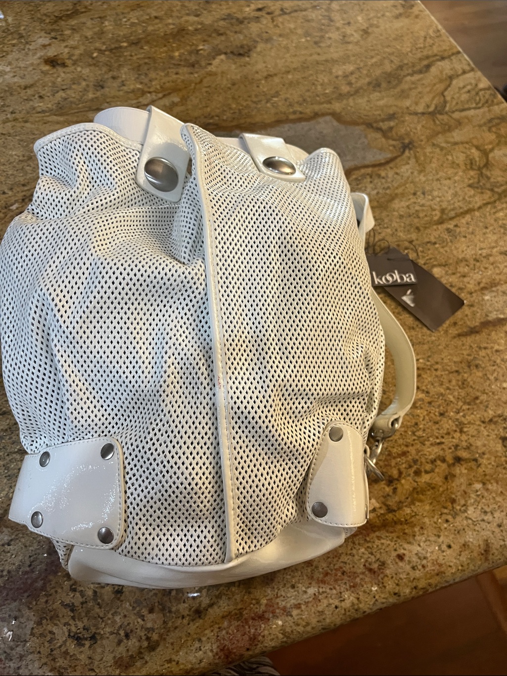 Kooba Waverly White Mesh Drawstring Sling Or Shoulder Bag With Patent Trim